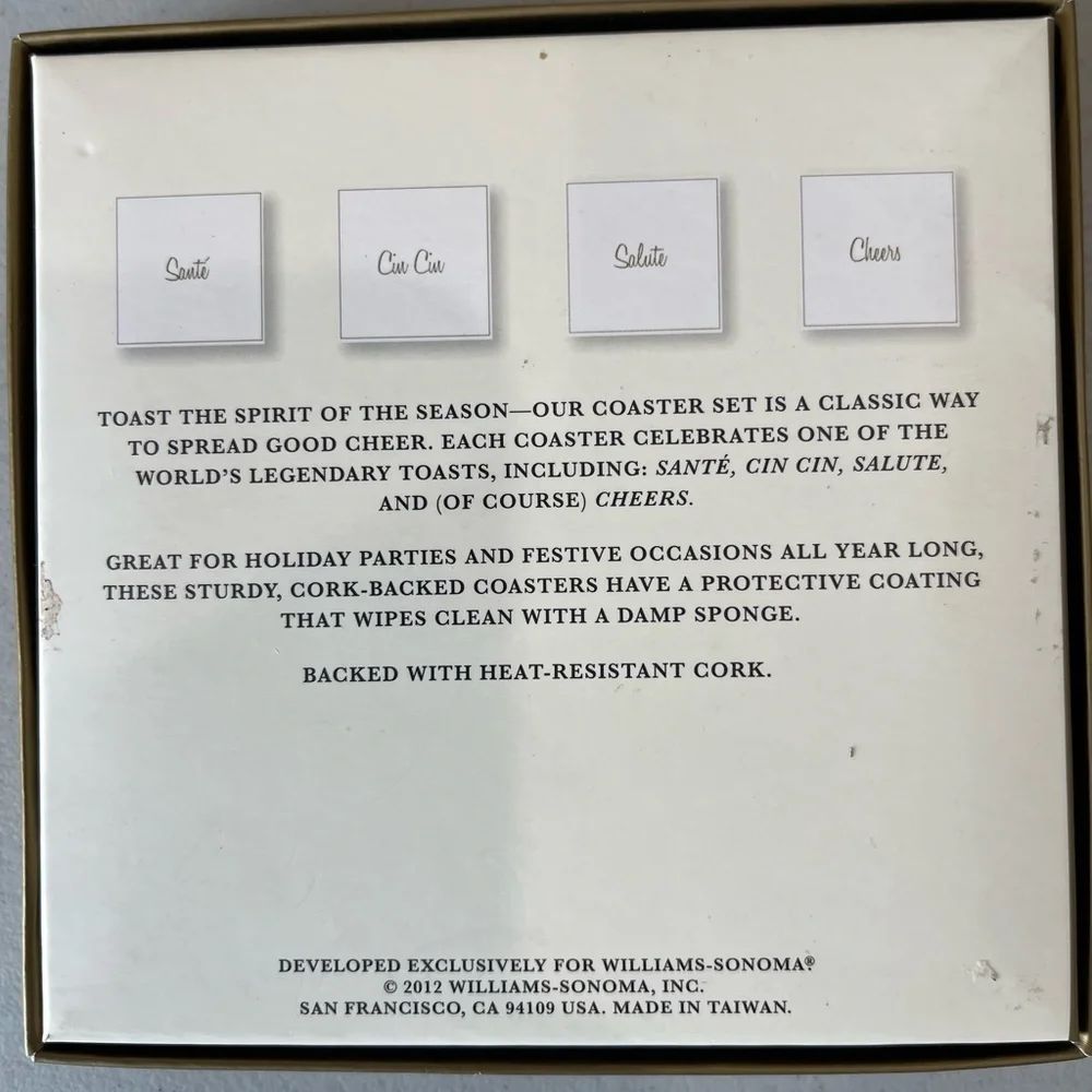 Williams - Sonoma Cheers Coaster set of 4 party holiday drinks EUC drinks cork